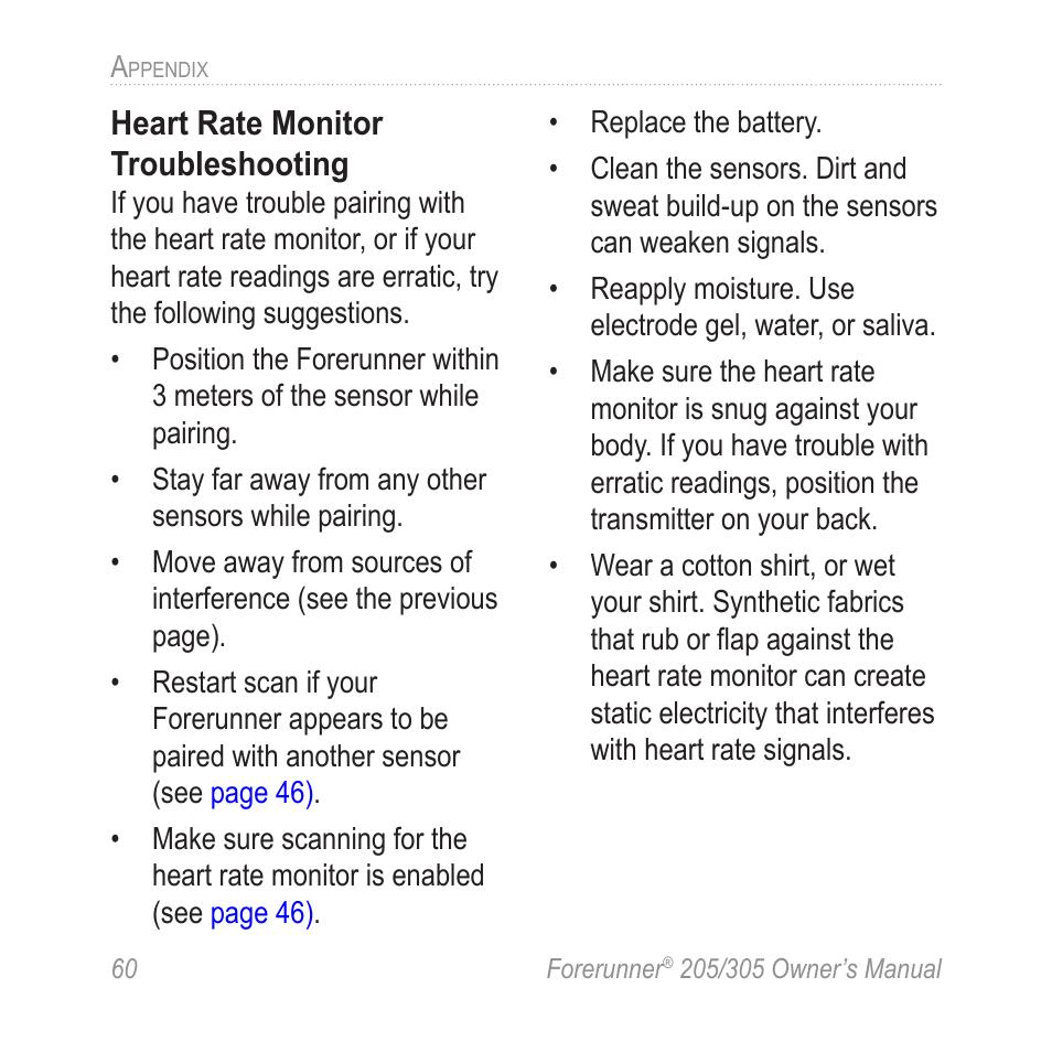 Heart rate monitor troubleshooting | Garmin Forerunner 305 User Manual | Page 64 / 80