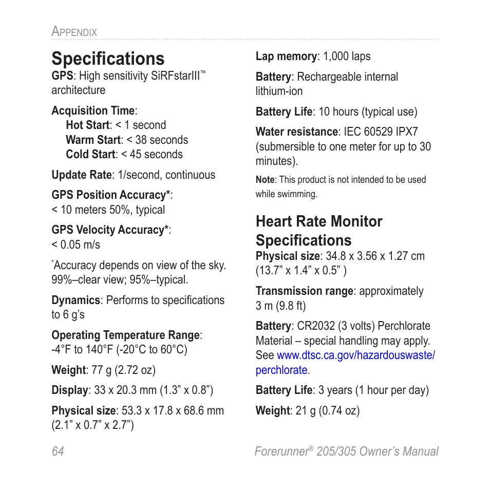 Specifications, Heart rate monitor specifications | Garmin Forerunner 305 User Manual | Page 68 / 80