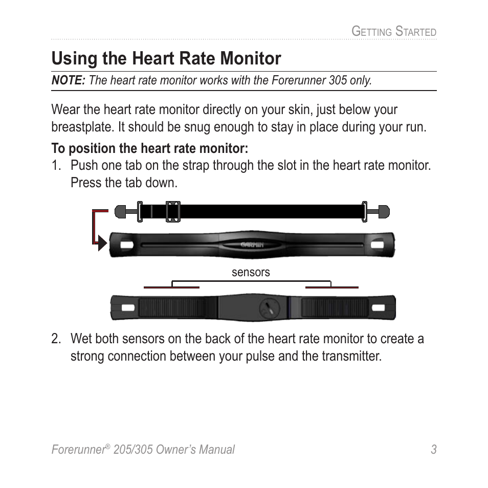 Using the heart rate monitor | Garmin Forerunner 305 User Manual | Page 7 / 80