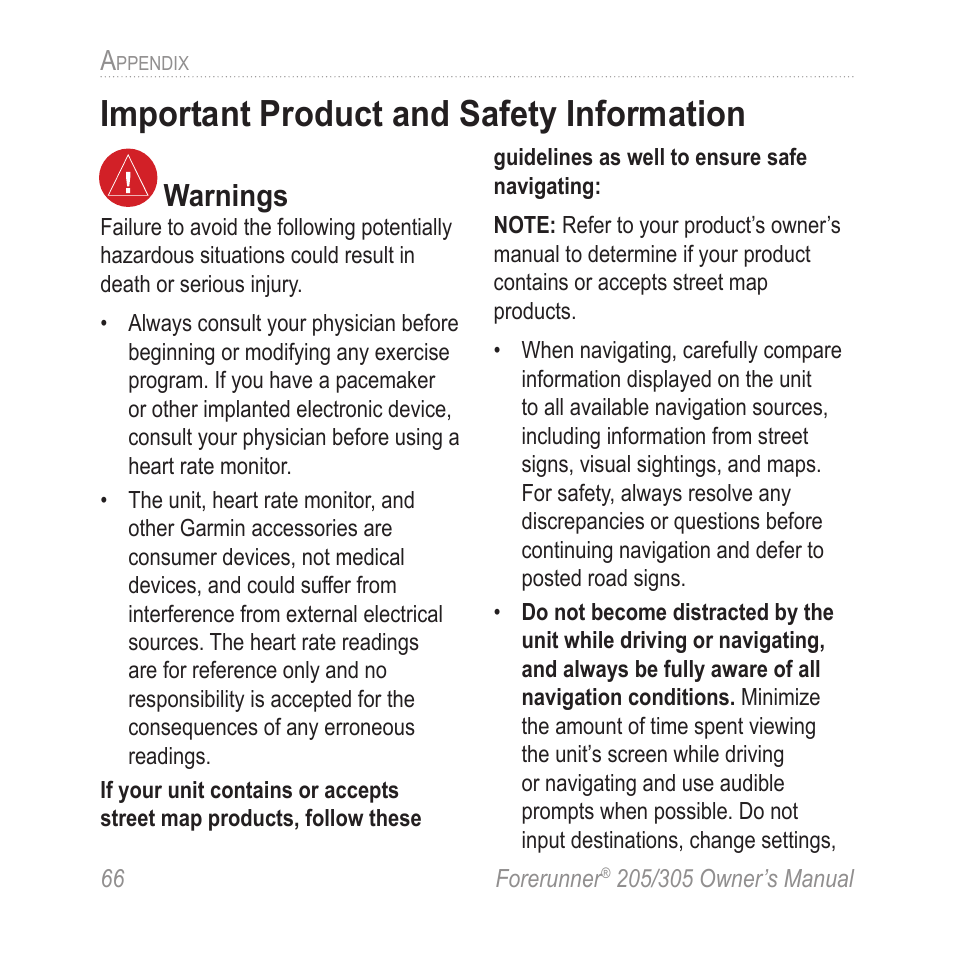 Important product and safety information, Important product and safety, Information | Warnings | Garmin Forerunner 305 User Manual | Page 70 / 80