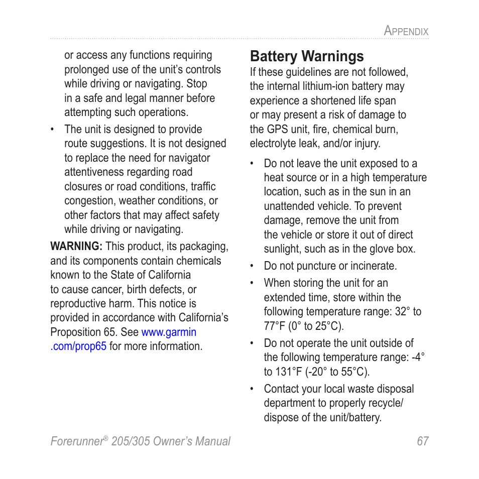 Battery warnings | Garmin Forerunner 305 User Manual | Page 71 / 80