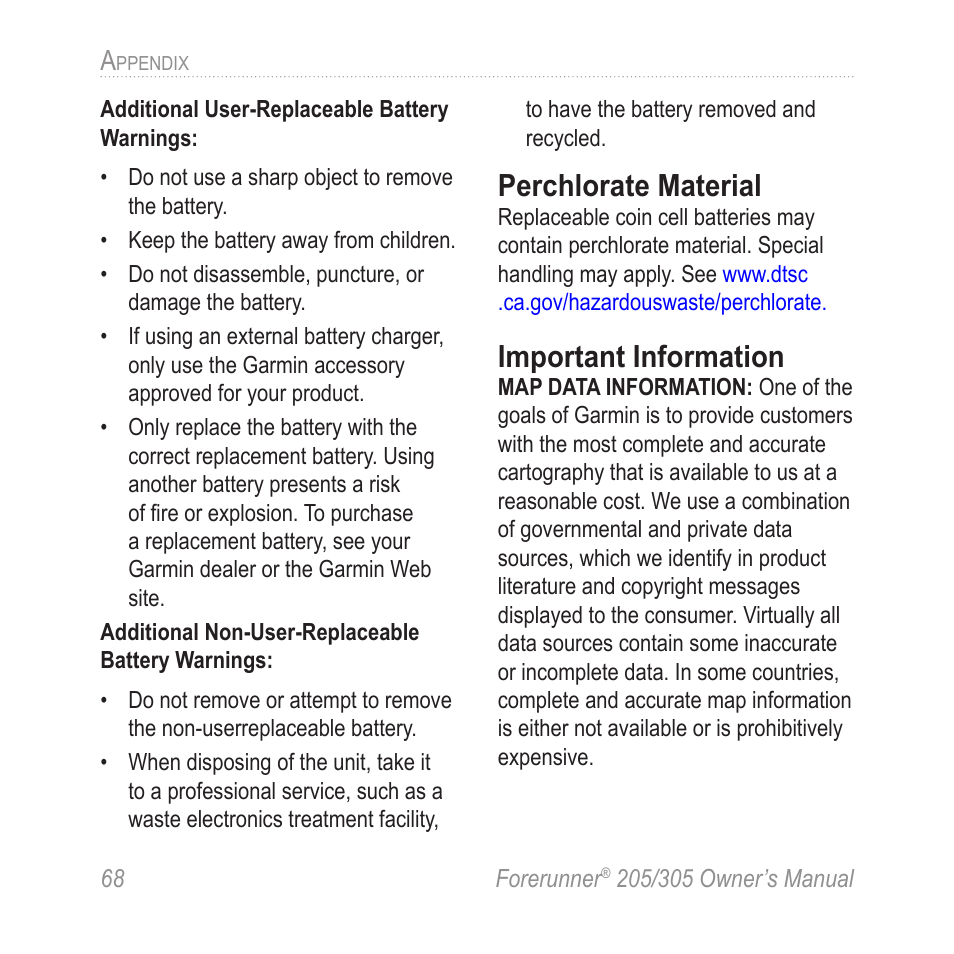 Perchlorate material, Important information | Garmin Forerunner 305 User Manual | Page 72 / 80