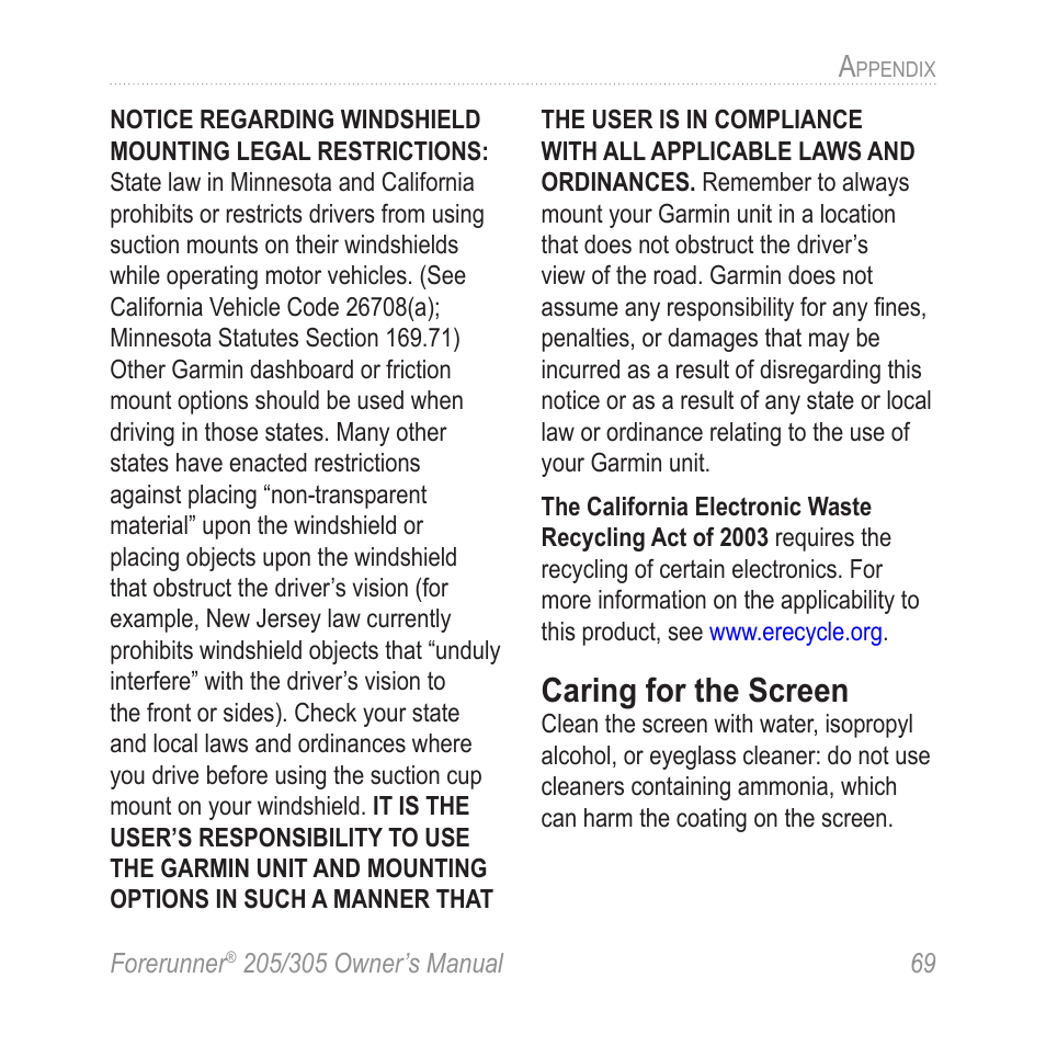 Caring for the screen | Garmin Forerunner 305 User Manual | Page 73 / 80
