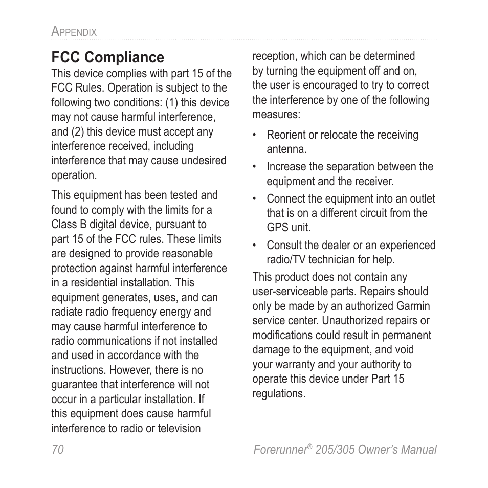 Fcc compliance | Garmin Forerunner 305 User Manual | Page 74 / 80