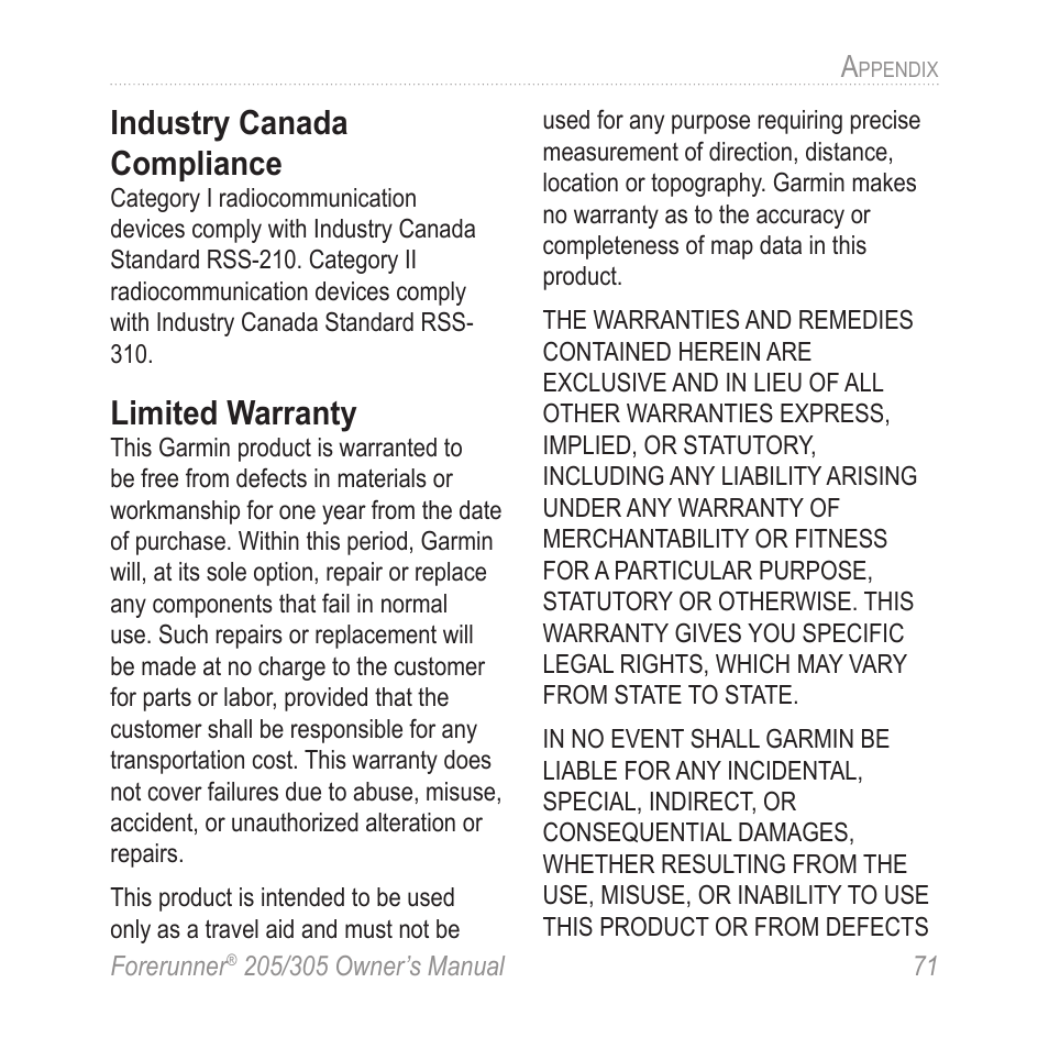 Industry canada compliance, Limited warranty | Garmin Forerunner 305 User Manual | Page 75 / 80