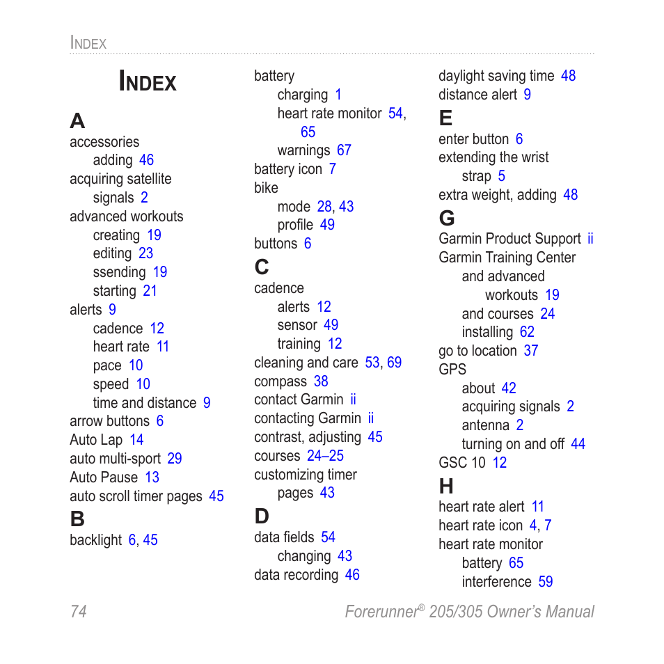 Index, Ndex | Garmin Forerunner 305 User Manual | Page 78 / 80