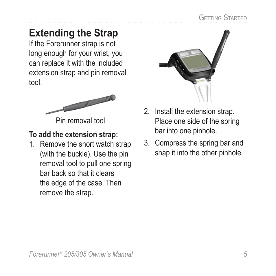 Extending the strap | Garmin Forerunner 305 User Manual | Page 9 / 80