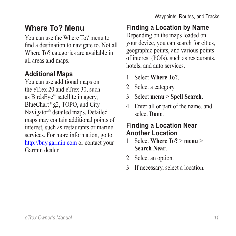 Where to? menu | Garmin eTrex User Manual | Page 11 / 60