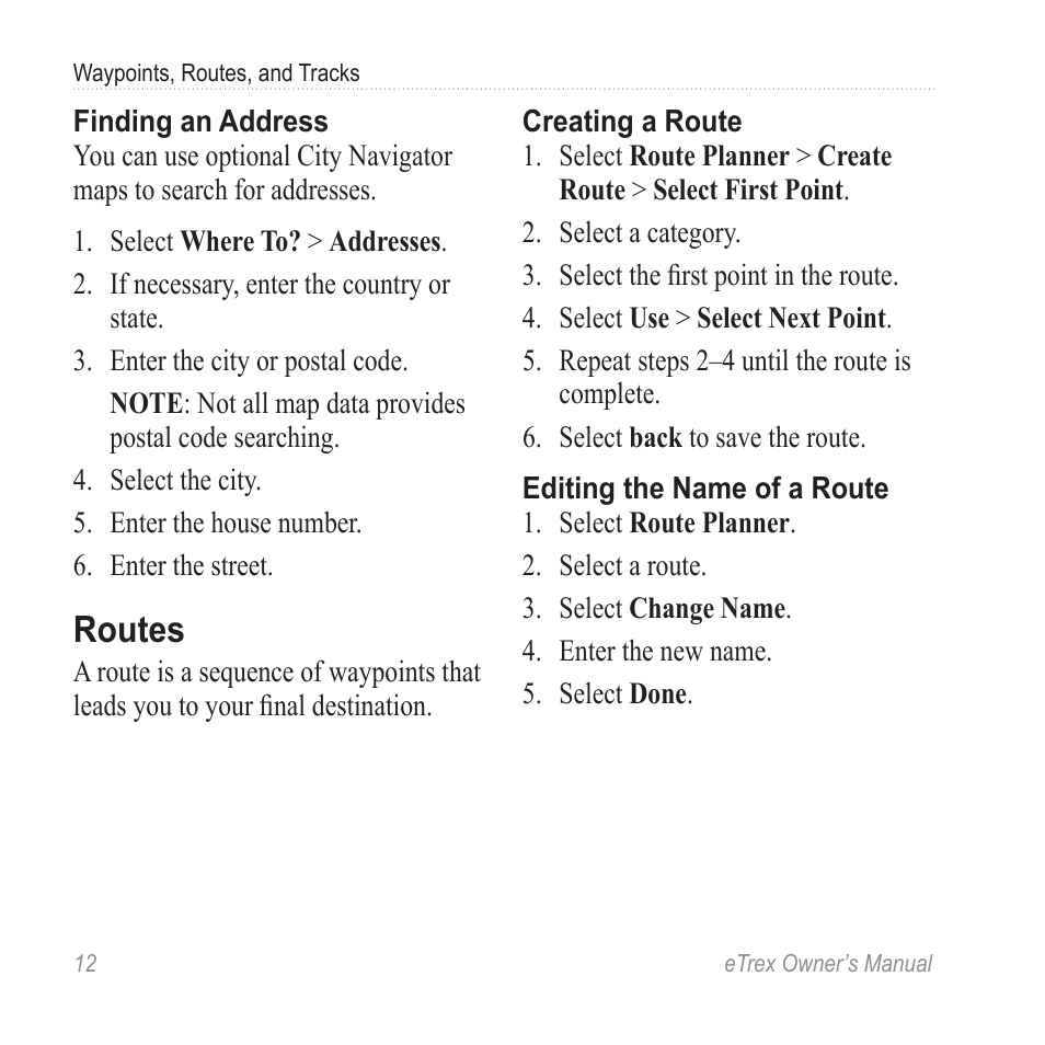 Routes | Garmin eTrex User Manual | Page 12 / 60