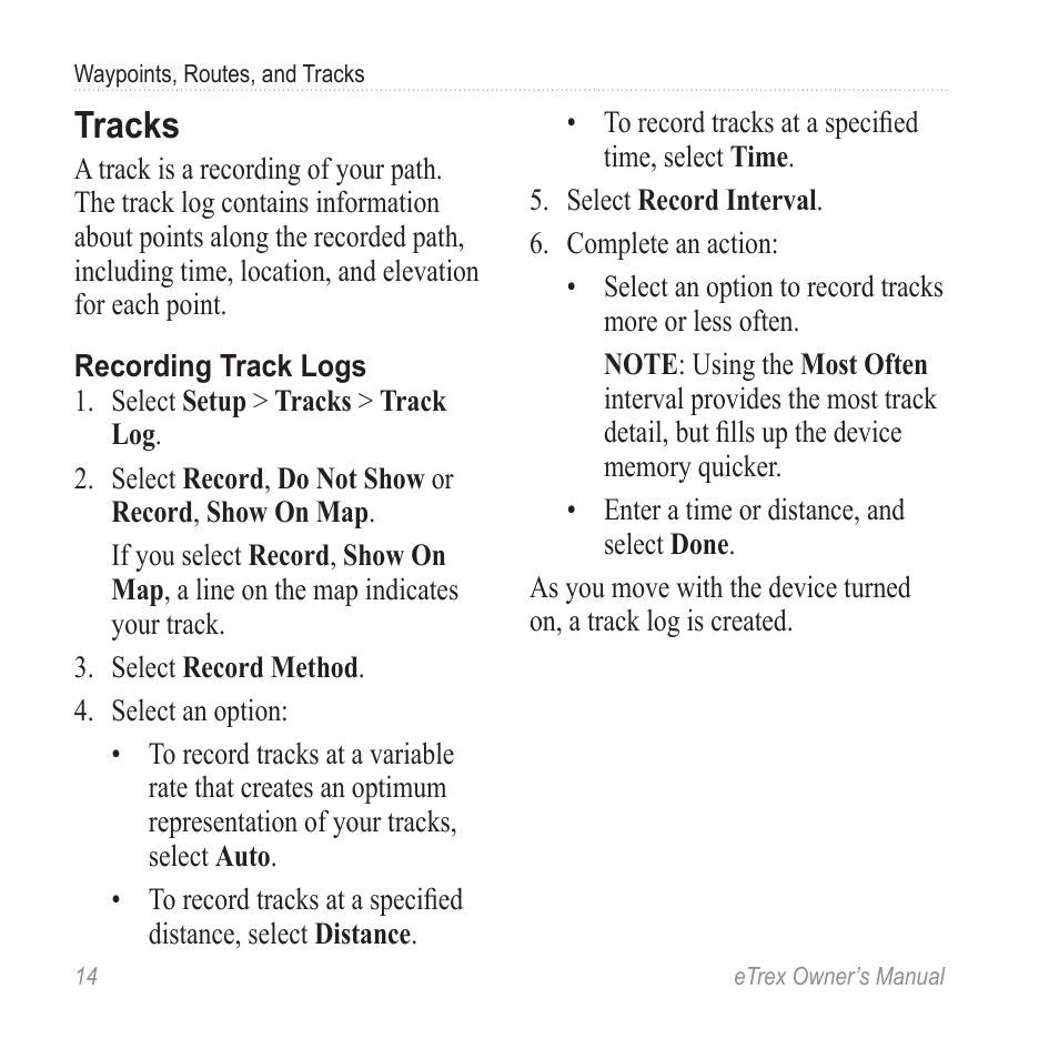 Tracks, Record a track | Garmin eTrex User Manual | Page 14 / 60