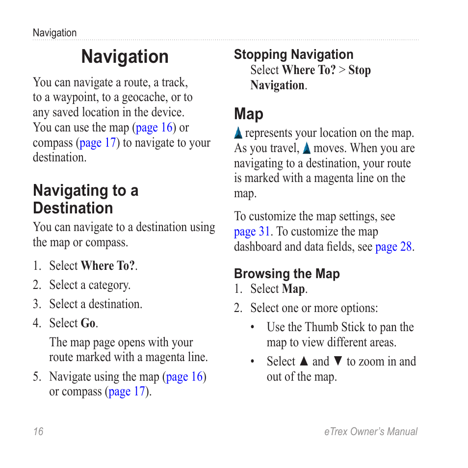 Navigation, Navigating to a destination, Navigate to a destination | Garmin eTrex User Manual | Page 16 / 60