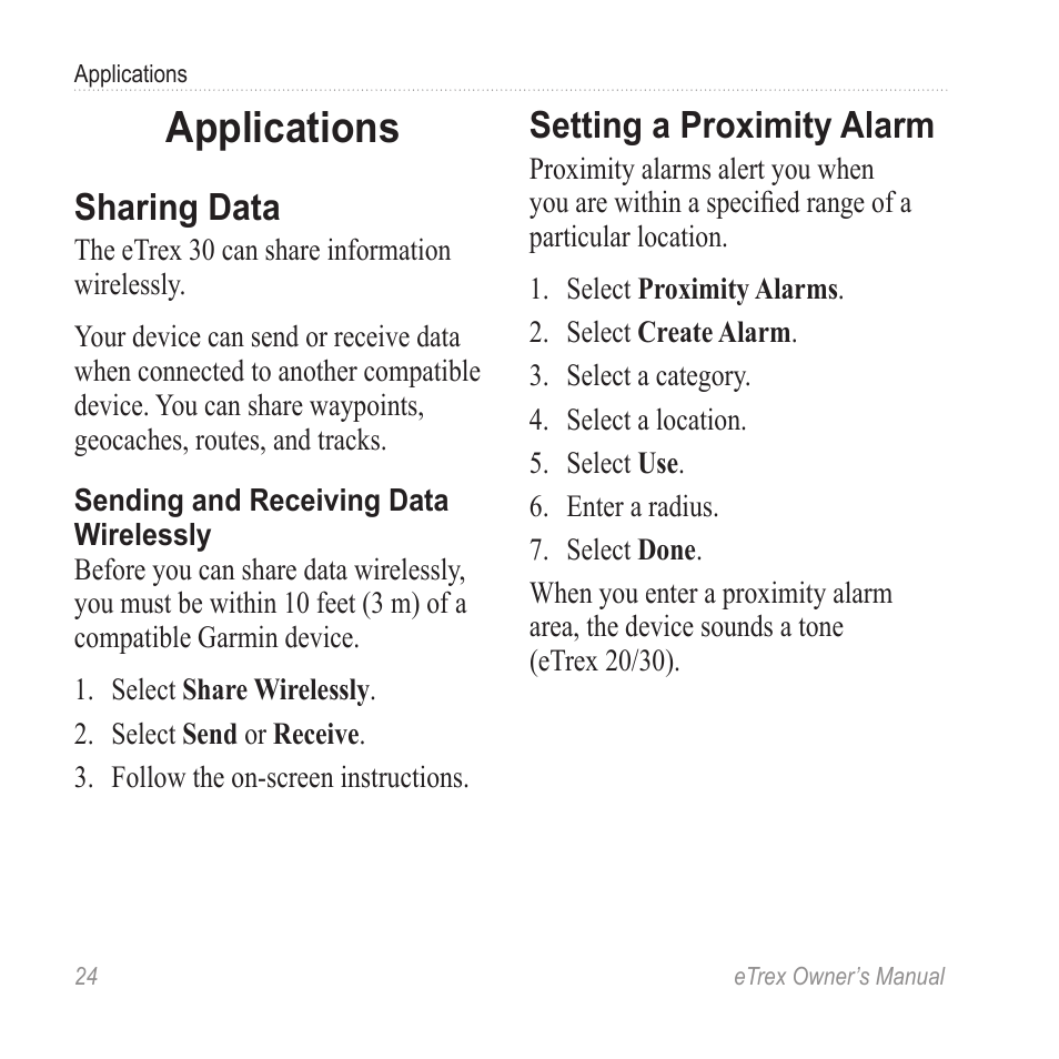Applications, Sharing data, Setting a proximity alarm | Garmin eTrex User Manual | Page 24 / 60