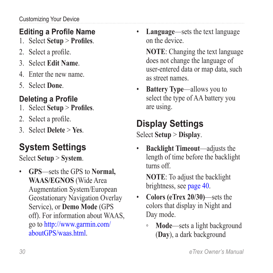 System settings, Display settings | Garmin eTrex User Manual | Page 30 / 60