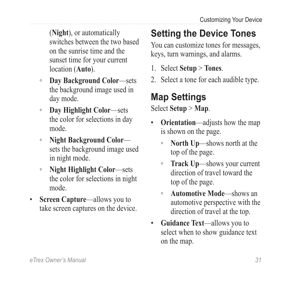 Setting the device tones, Map settings | Garmin eTrex User Manual | Page 31 / 60