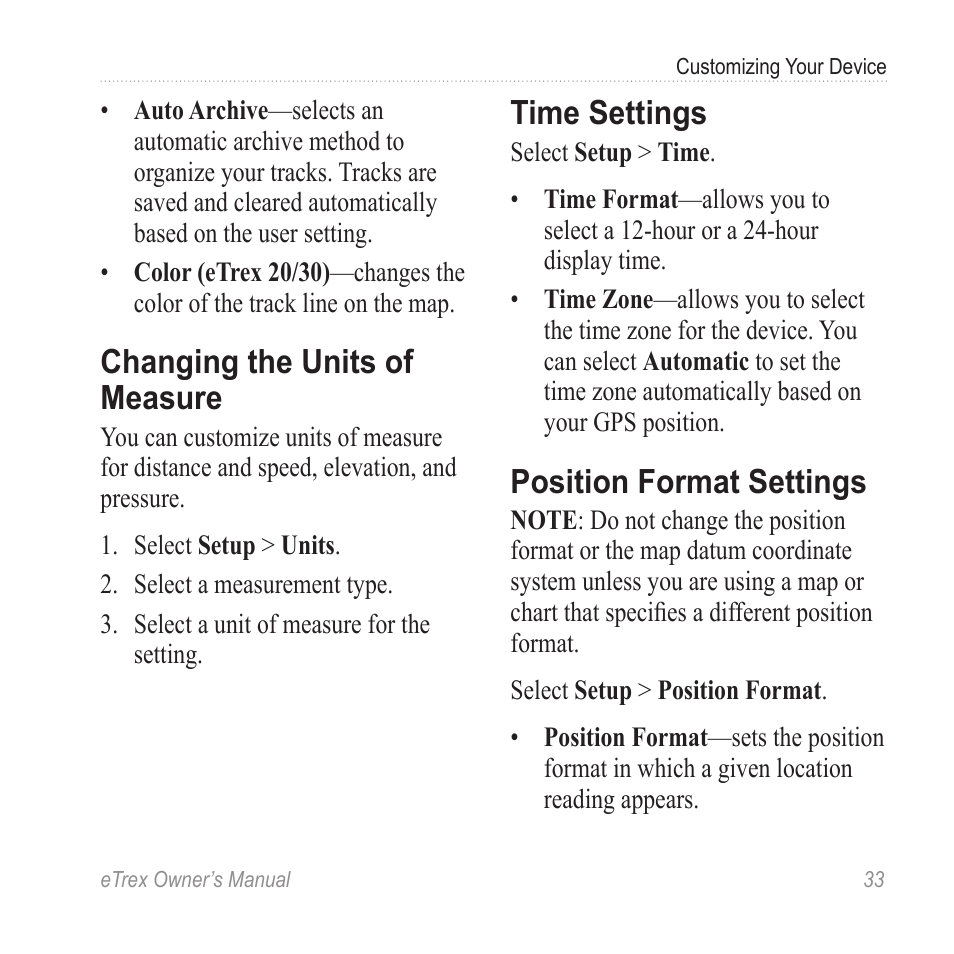 Changing the units of measure, Time settings, Position format settings | Garmin eTrex User Manual | Page 33 / 60