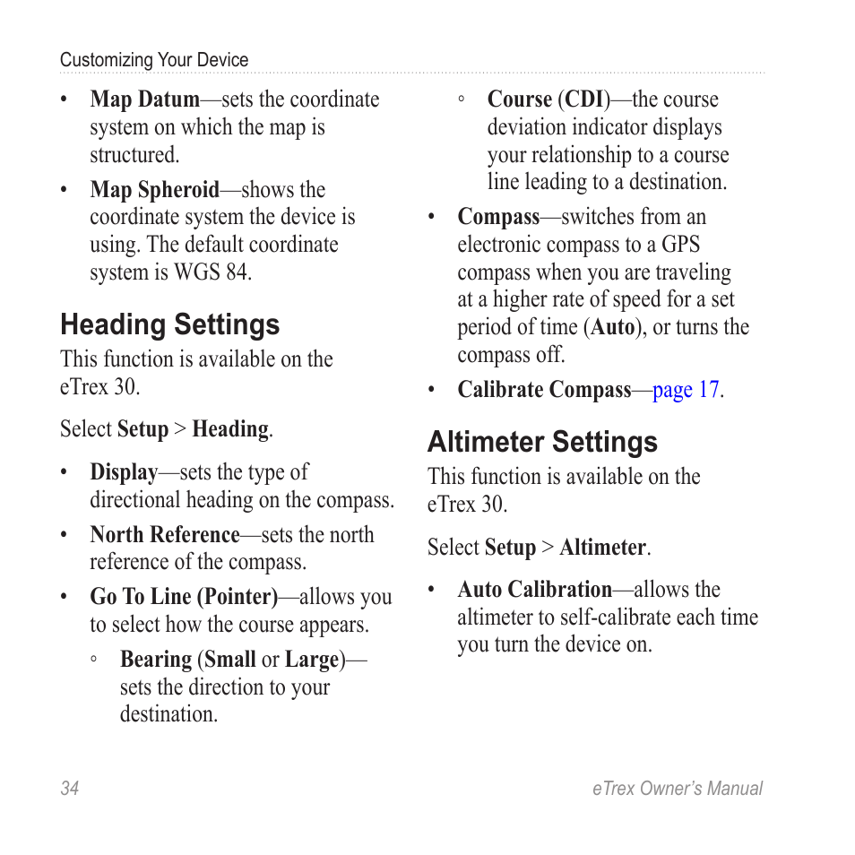 Heading settings, Altimeter settings | Garmin eTrex User Manual | Page 34 / 60