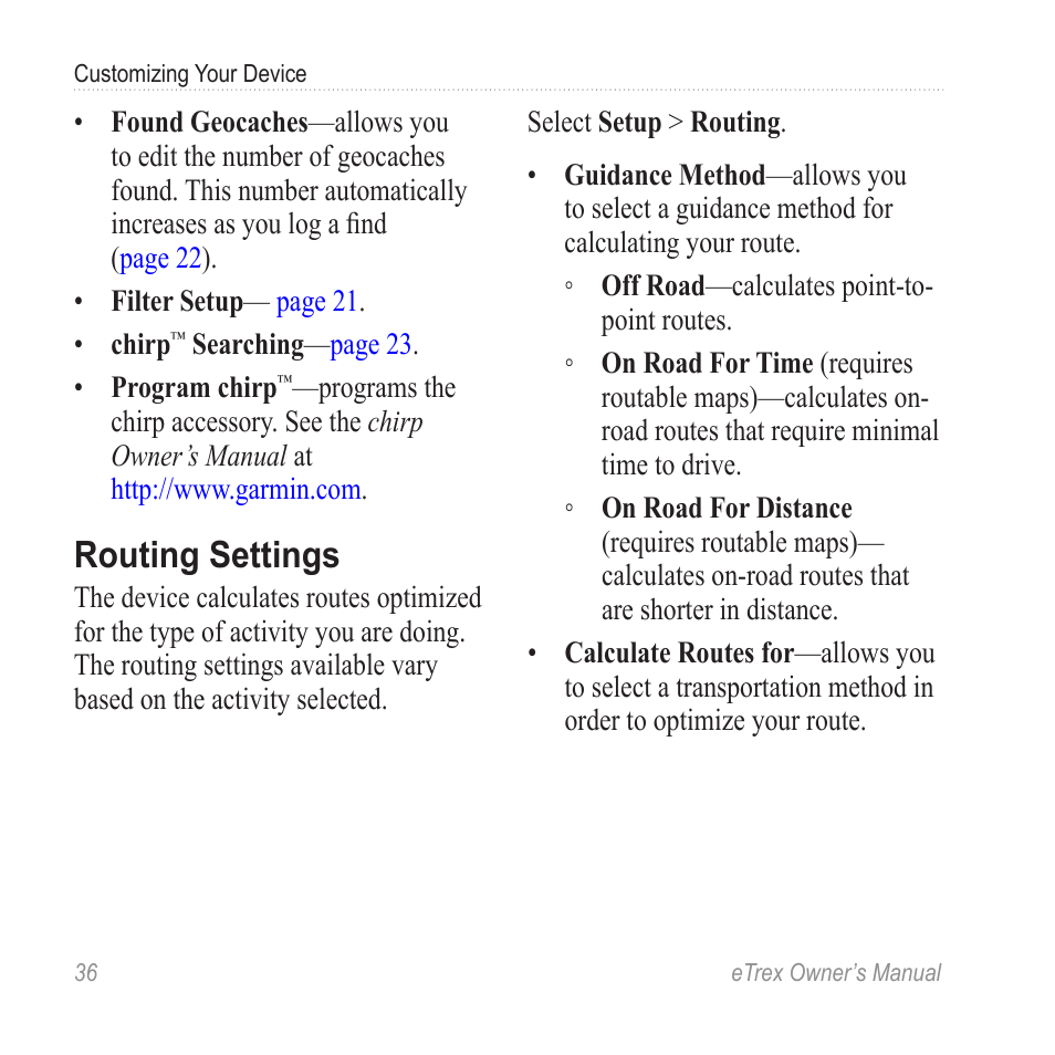 Routing settings | Garmin eTrex User Manual | Page 36 / 60