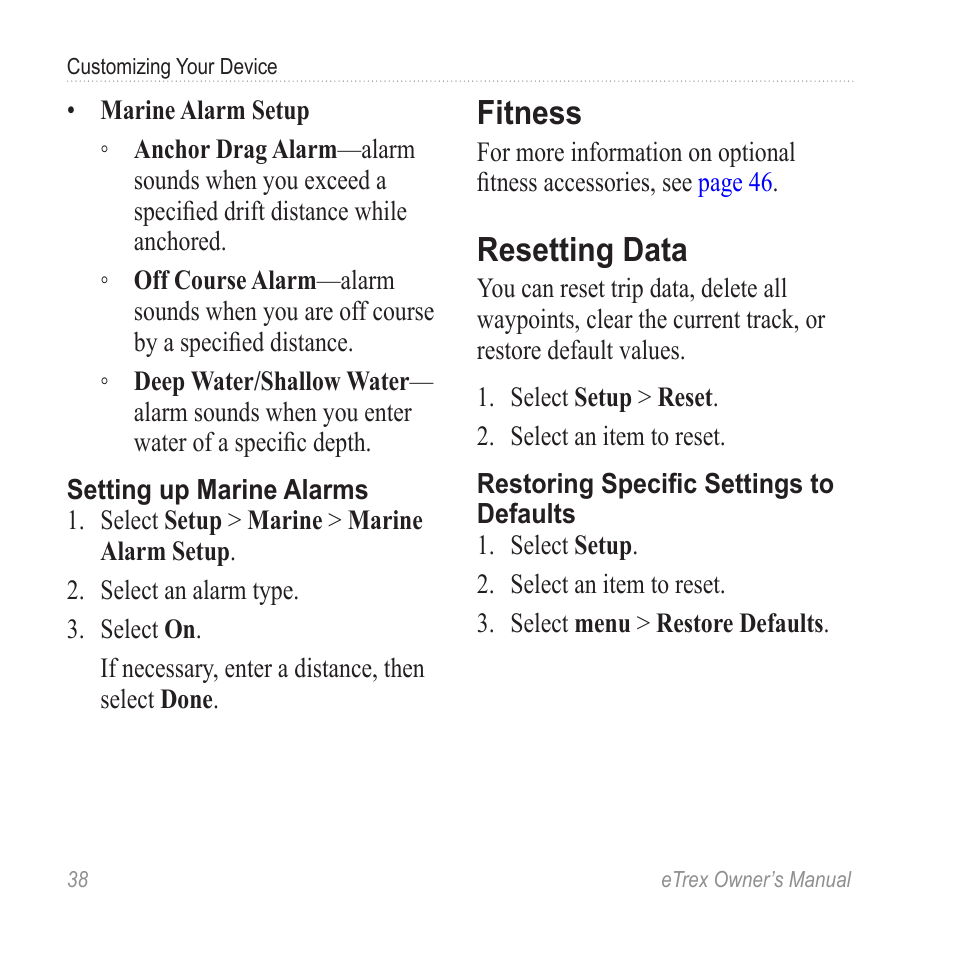 Fitness, Resetting data | Garmin eTrex User Manual | Page 38 / 60