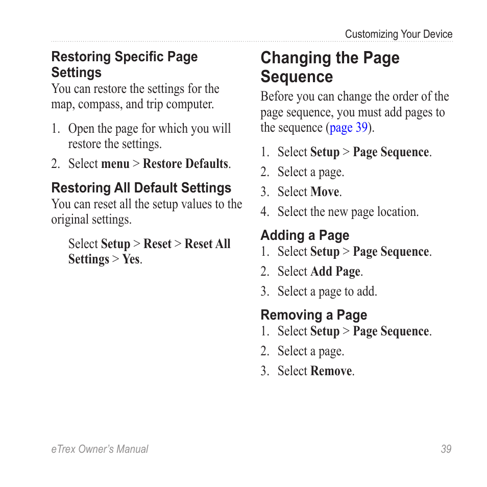 Changing the page sequence | Garmin eTrex User Manual | Page 39 / 60