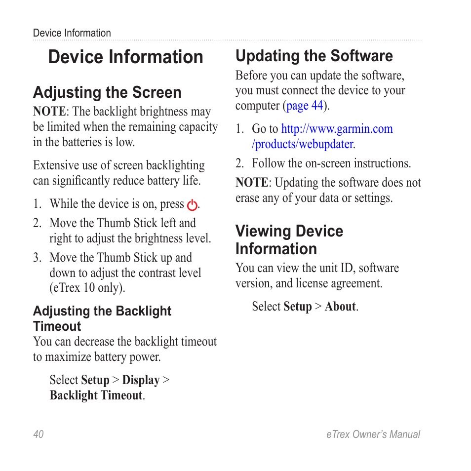 Device information, Adjusting the screen, Updating the software | Viewing device information | Garmin eTrex User Manual | Page 40 / 60