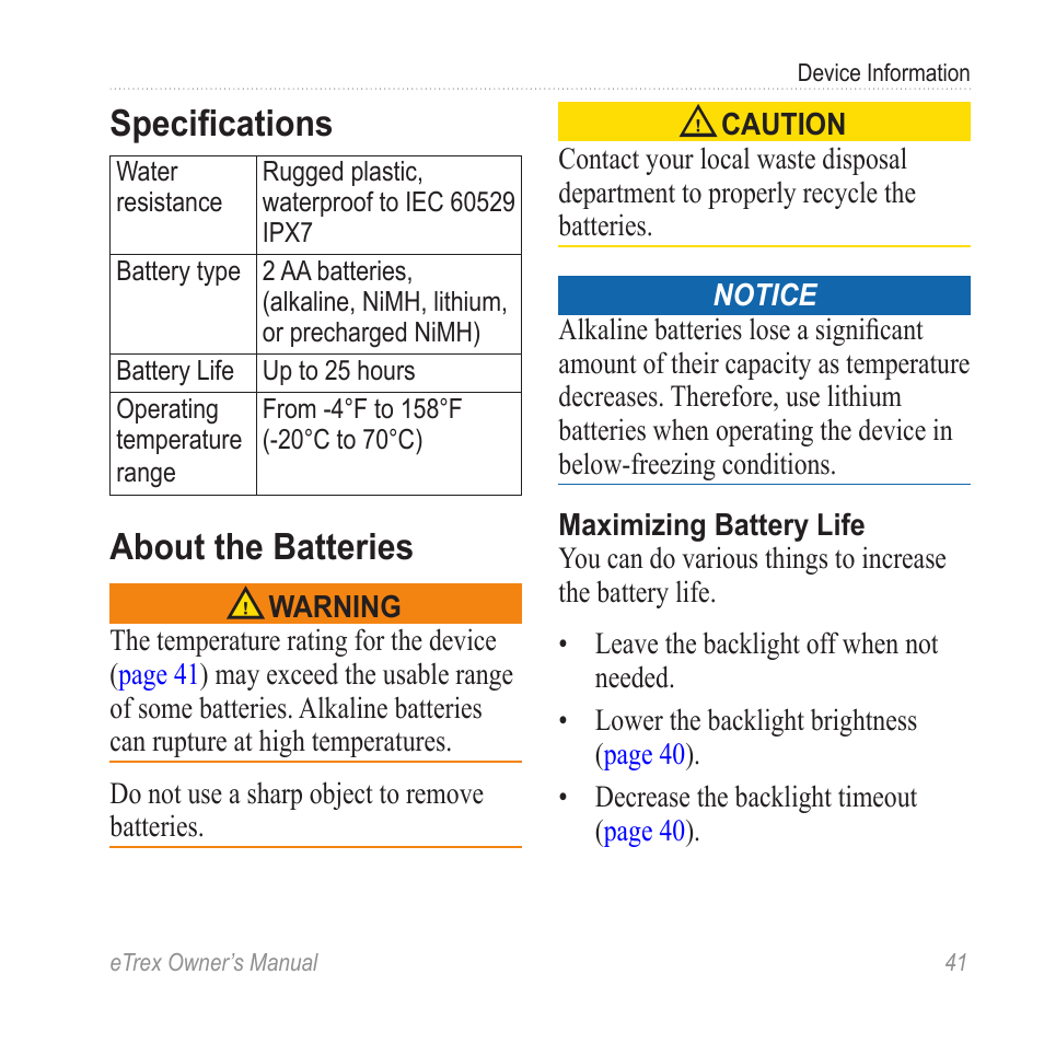 Specifications, About the batteries | Garmin eTrex User Manual | Page 41 / 60