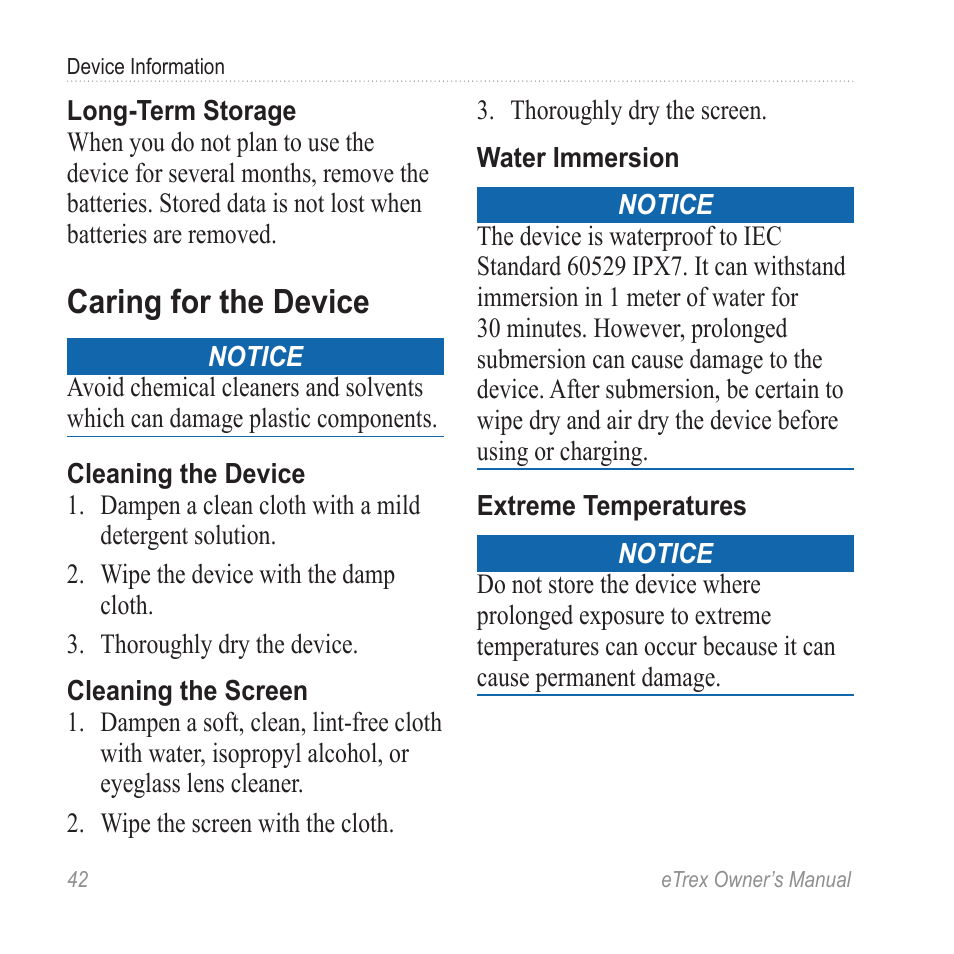 Caring for the device | Garmin eTrex User Manual | Page 42 / 60