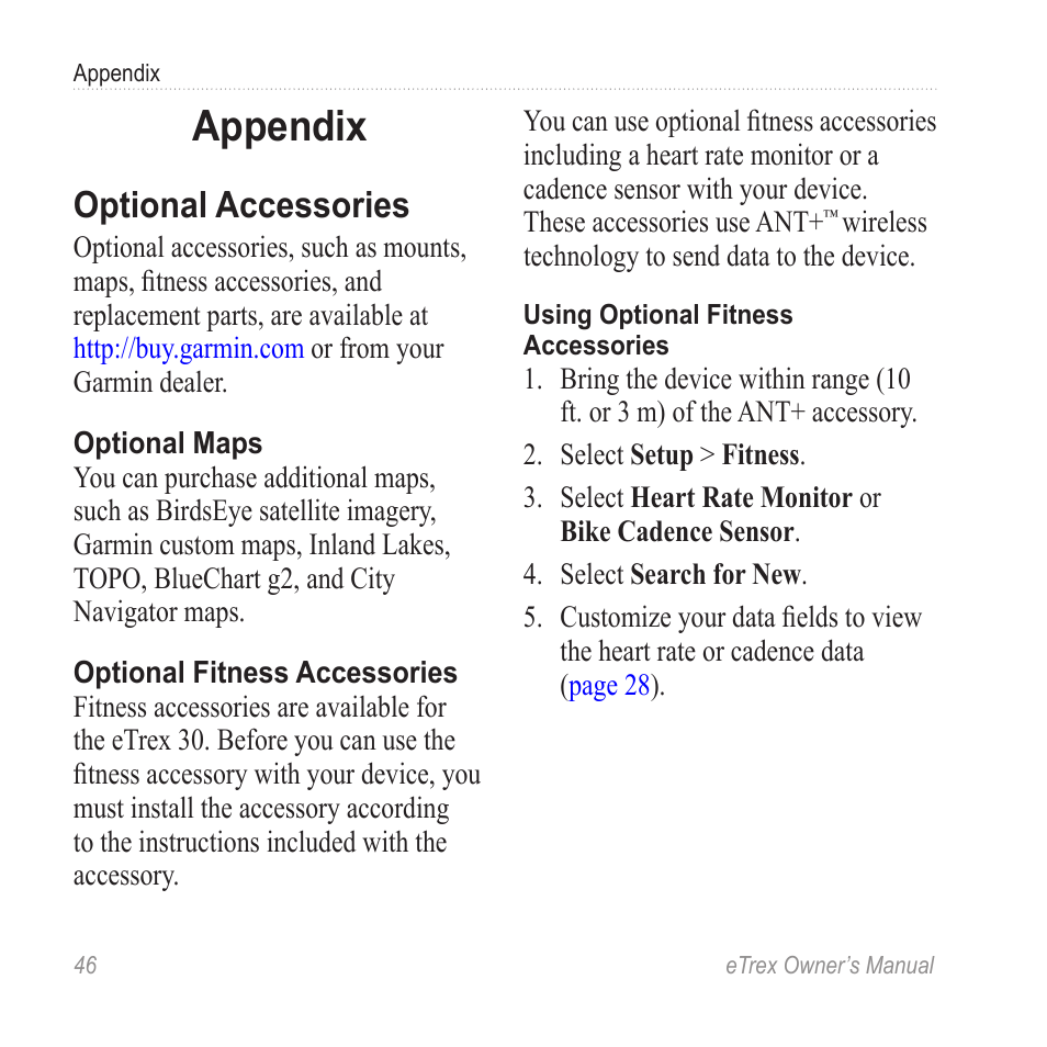 Appendix, Optional accessories | Garmin eTrex User Manual | Page 46 / 60