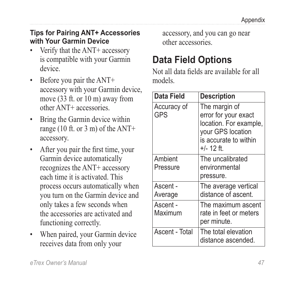 Data field options | Garmin eTrex User Manual | Page 47 / 60