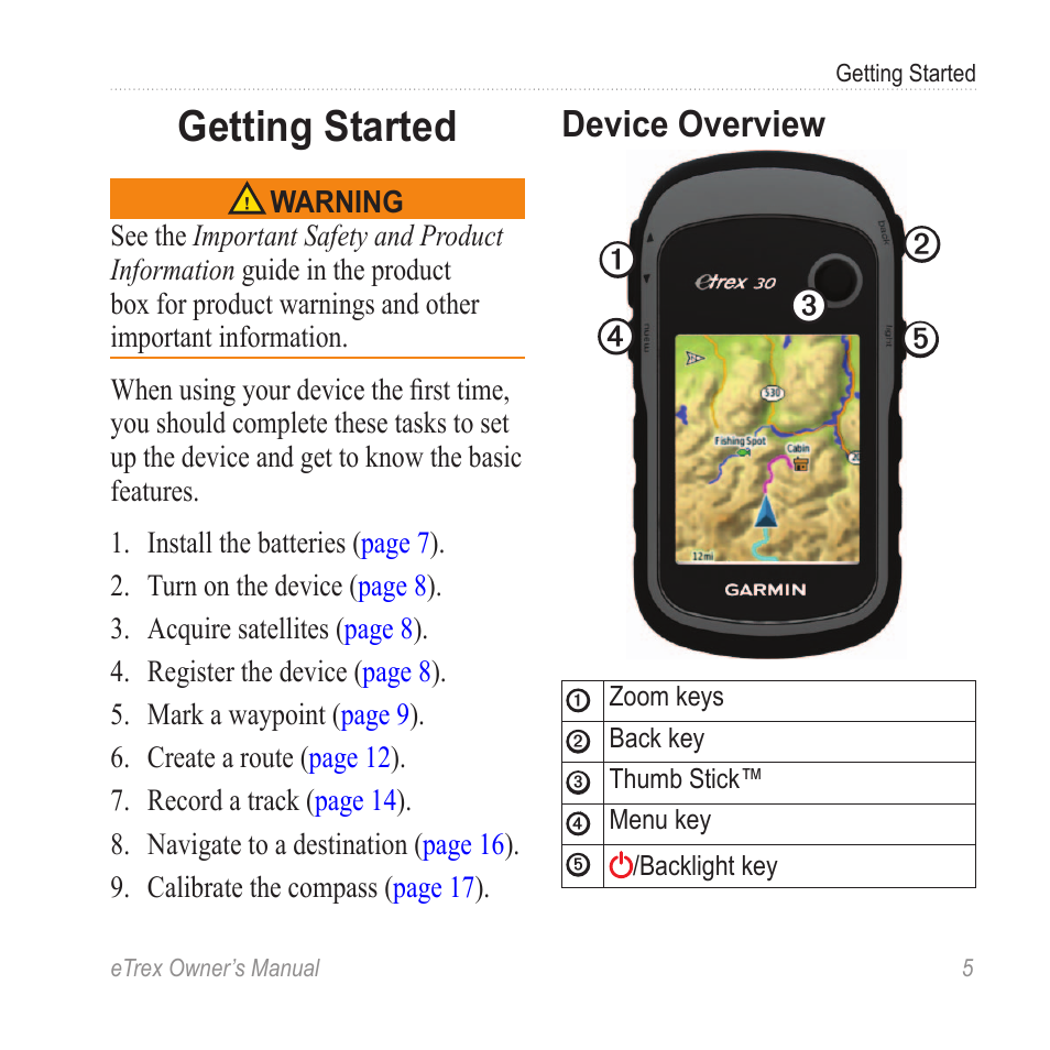 Getting started, Device overview | Garmin eTrex User Manual | Page 5 / 60