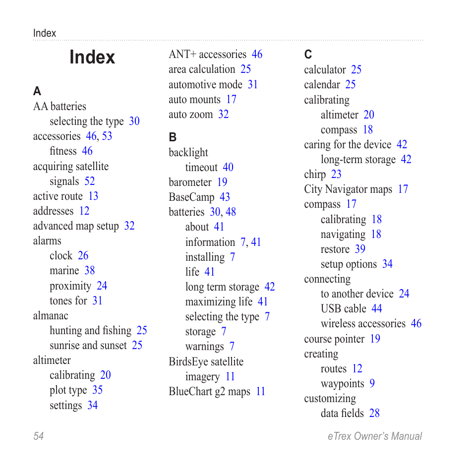 Index | Garmin eTrex User Manual | Page 54 / 60