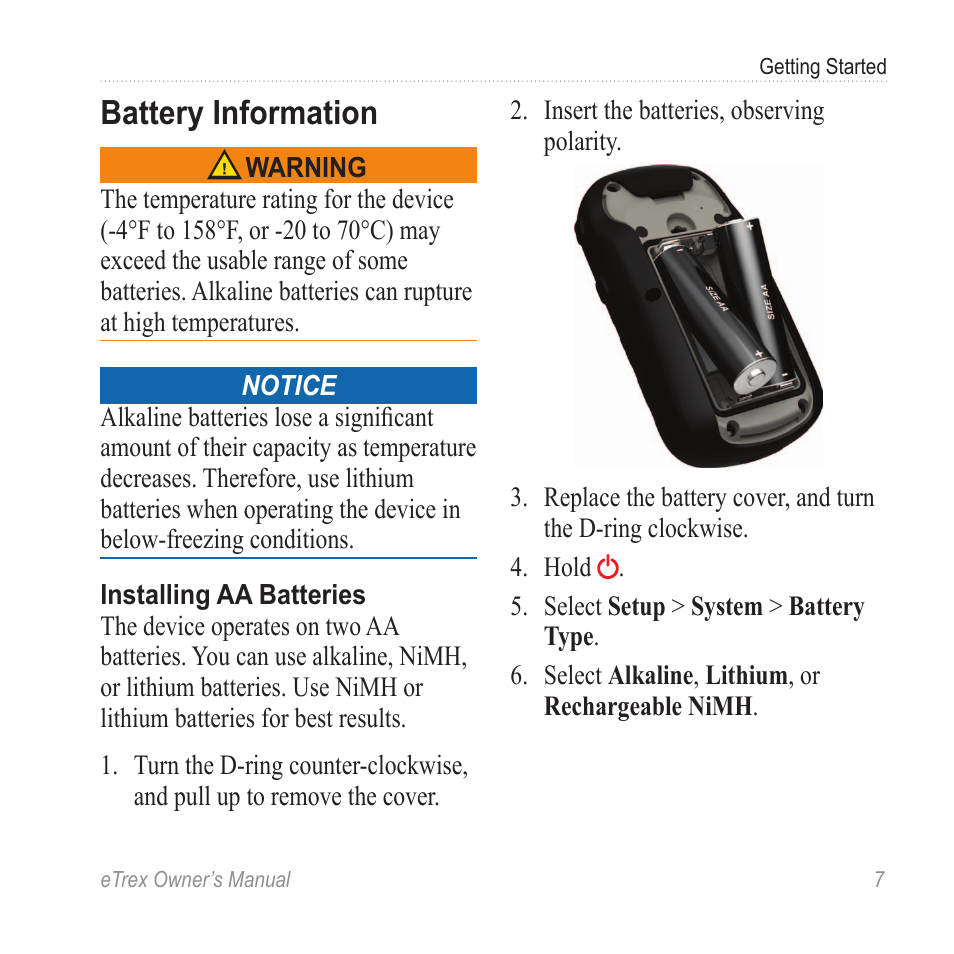 Battery information, Install the batteries | Garmin eTrex User Manual | Page 7 / 60