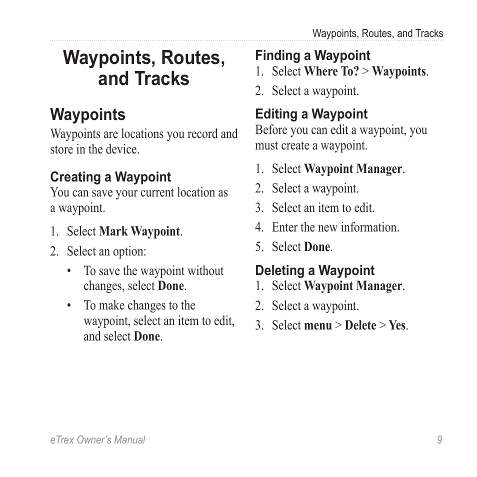 Waypoints, routes, and tracks, Waypoints, Waypoints, routes, and | Tracks | Garmin eTrex User Manual | Page 9 / 60