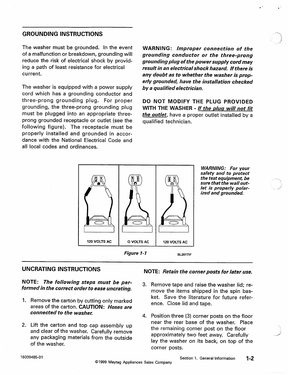 Grounding instructions, Uncrating instructions | Maytag Atlantis User Manual | Page 10 / 120