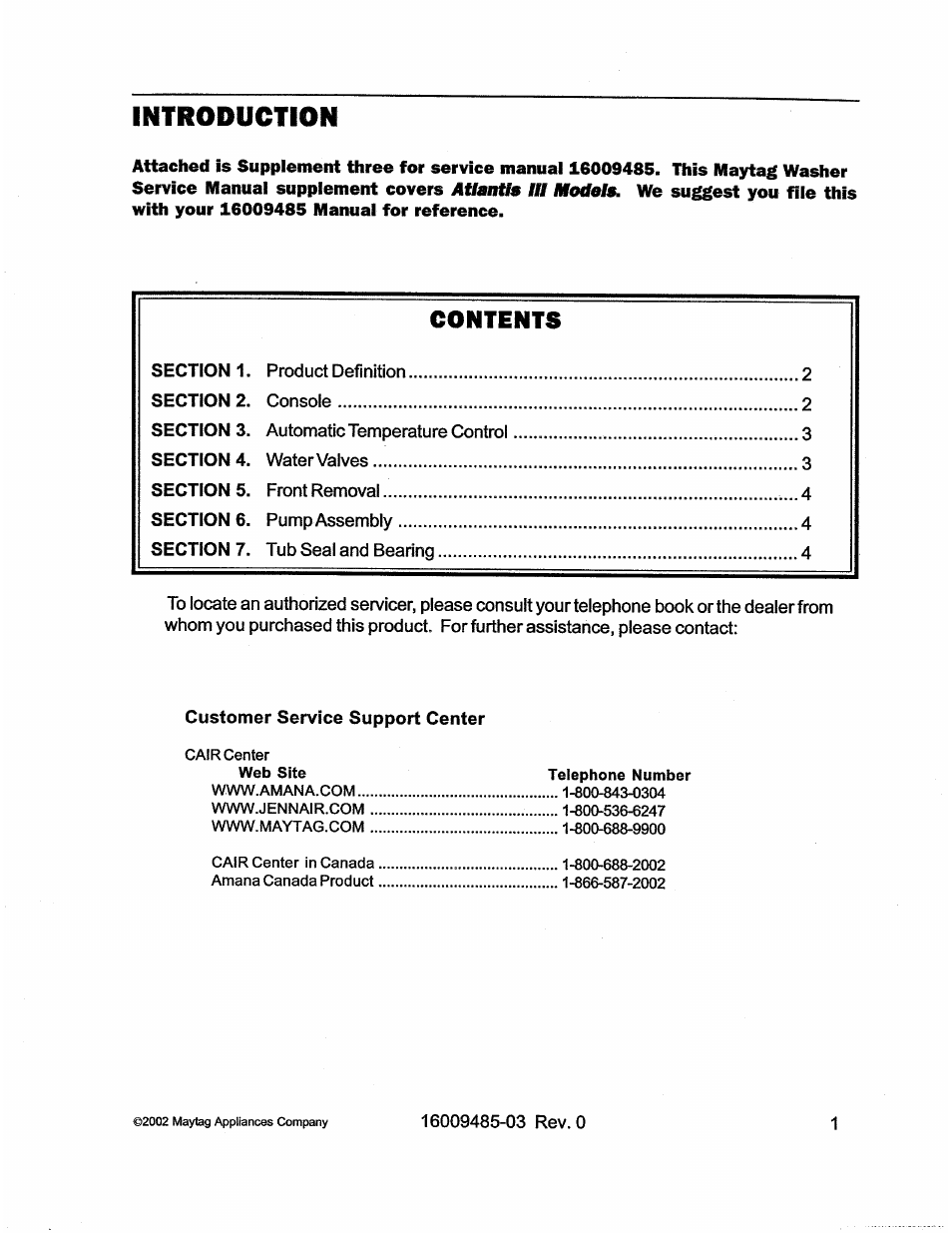 Customer service support center, Introduction | Maytag Atlantis User Manual | Page 115 / 120