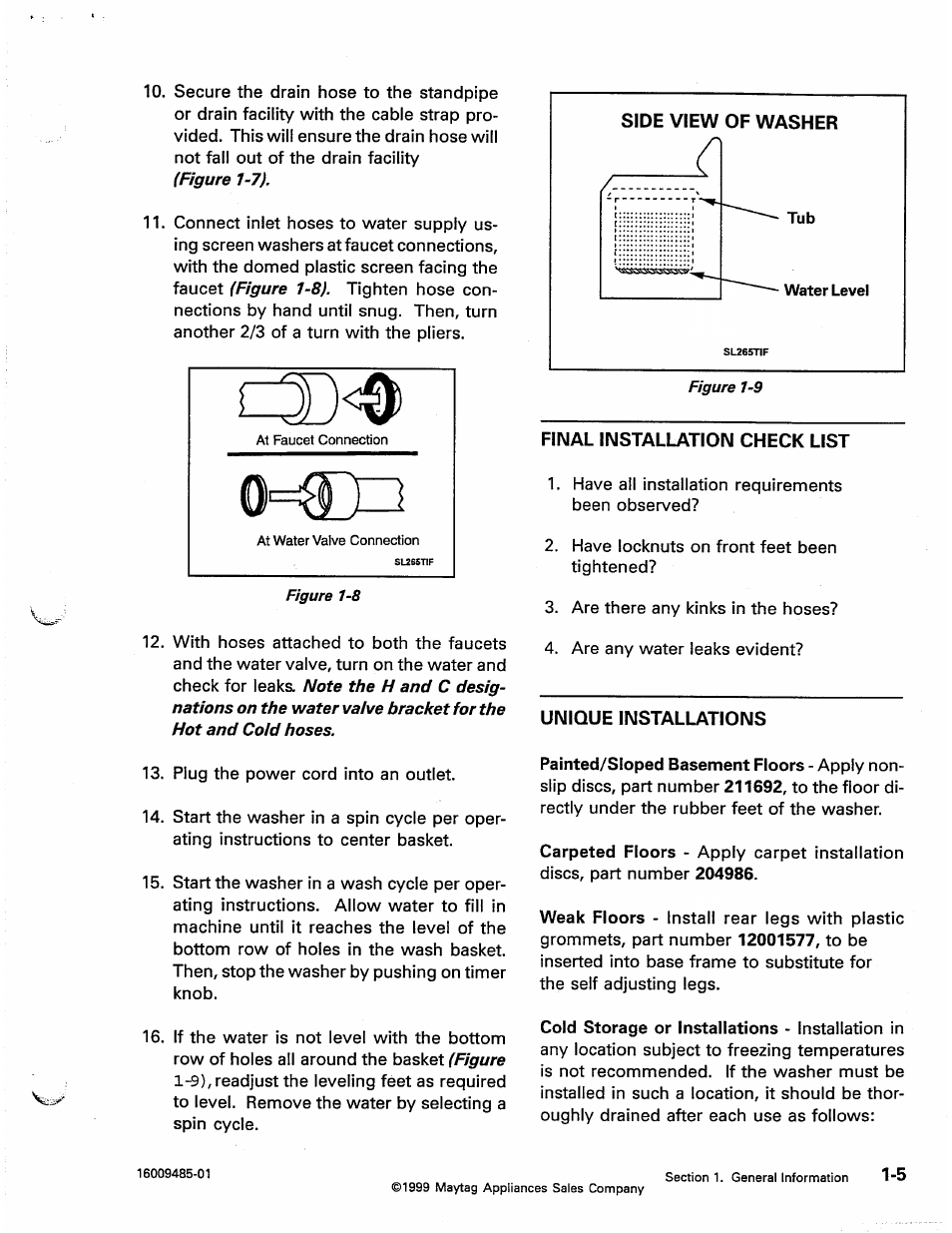 Final installation check list, Unique installations, Final installation check list -5 | Unique installations -5 | Maytag Atlantis User Manual | Page 13 / 120