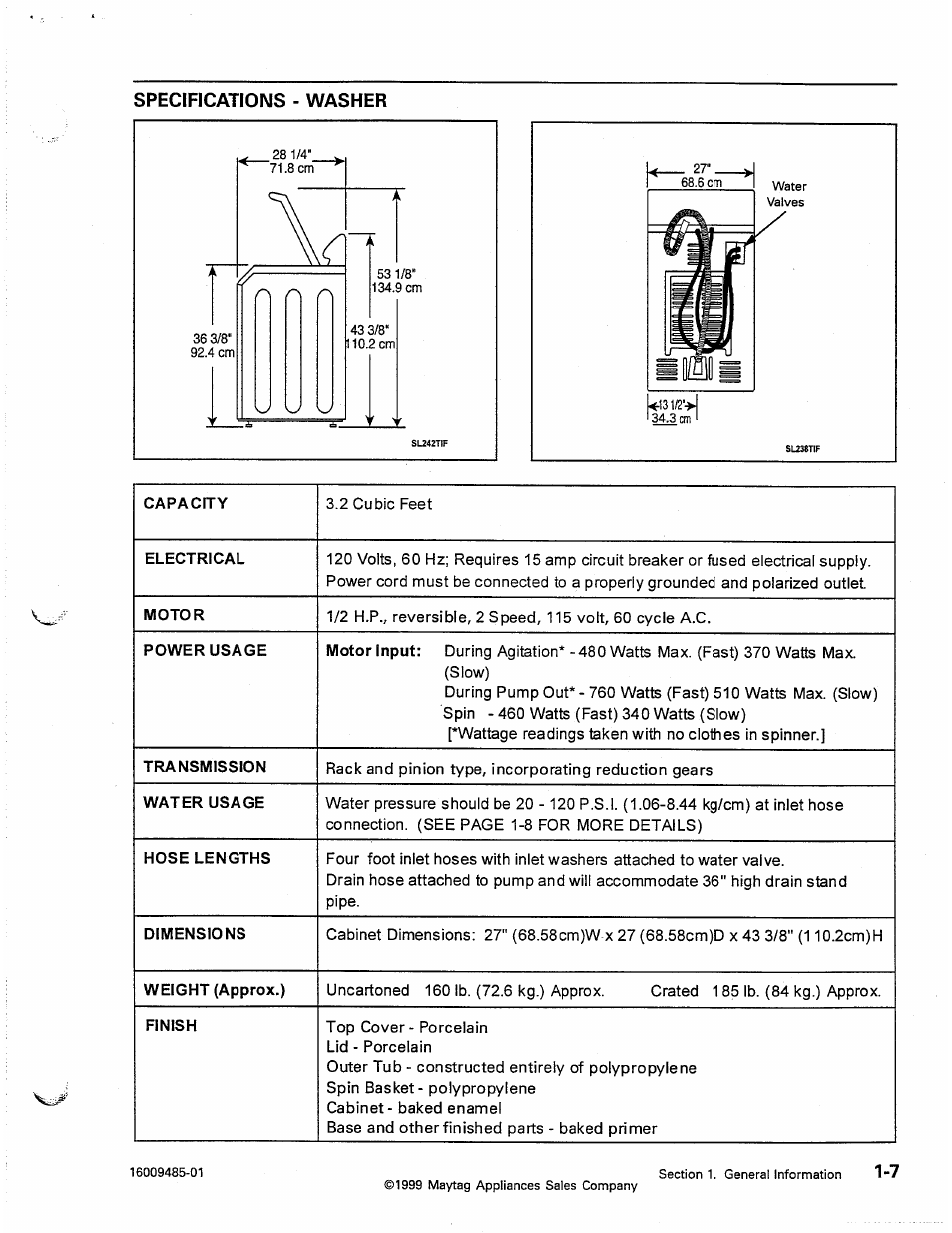 Specifications - washer | Maytag Atlantis User Manual | Page 15 / 120
