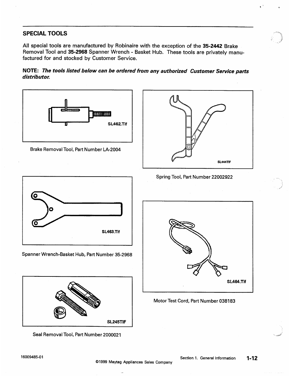 Special tools, Special tools -12 | Maytag Atlantis User Manual | Page 20 / 120