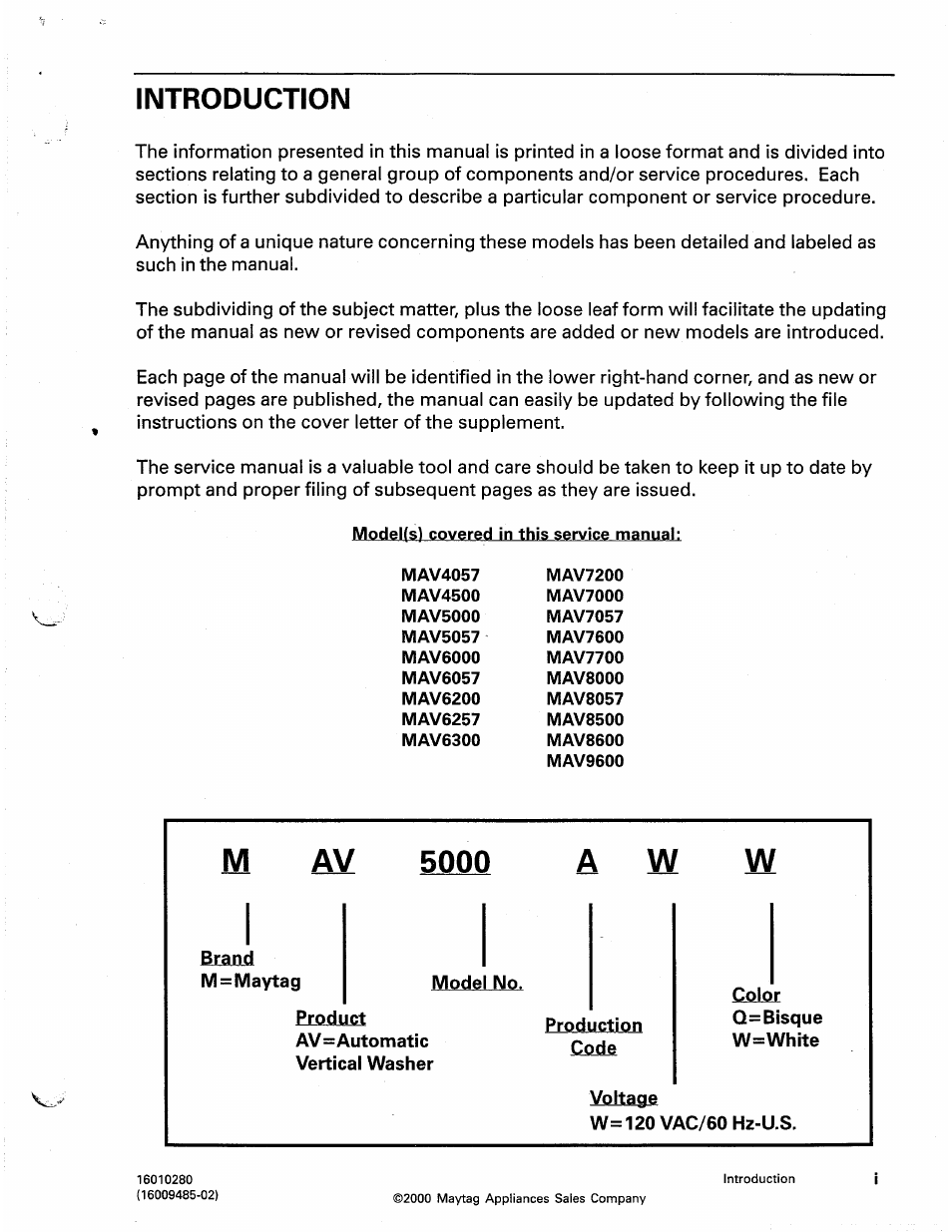 Brand m=maytag, Model no, Product | Production, Color, Voltage, Introduction, Mav 5000 | Maytag Atlantis User Manual | Page 3 / 120