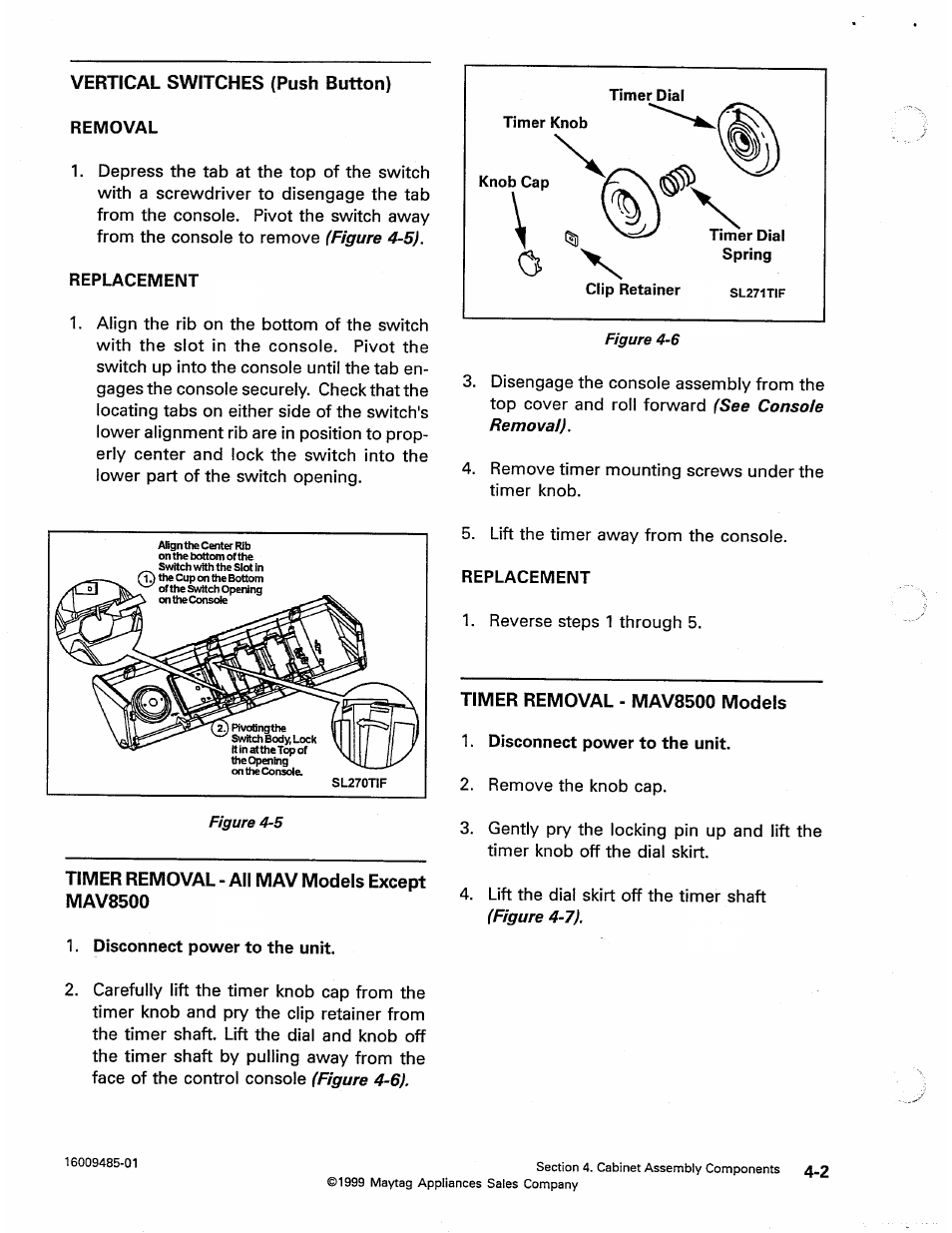 Vertical switches (push button), Timer removal - all mav models except, Timer removal - mav8500 models | Maytag Atlantis User Manual | Page 30 / 120