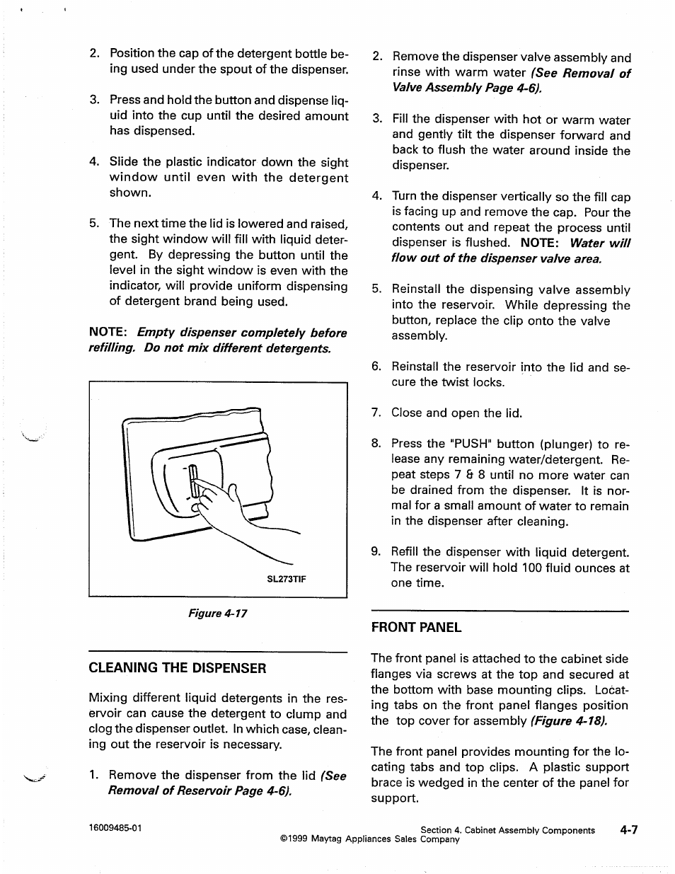Front panel, Cleaning the dispenser, Cleaning the dispenser -7 front panel -7 | Maytag Atlantis User Manual | Page 35 / 120