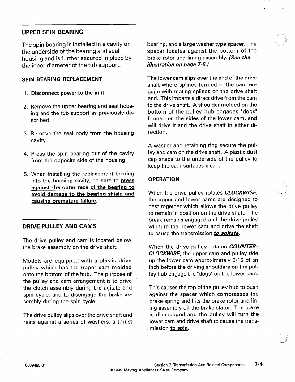 Upper spin bearing, Drive pulley and cams, Upper spin bearing -4 drive pulley and cams -4 | Maytag Atlantis User Manual | Page 58 / 120