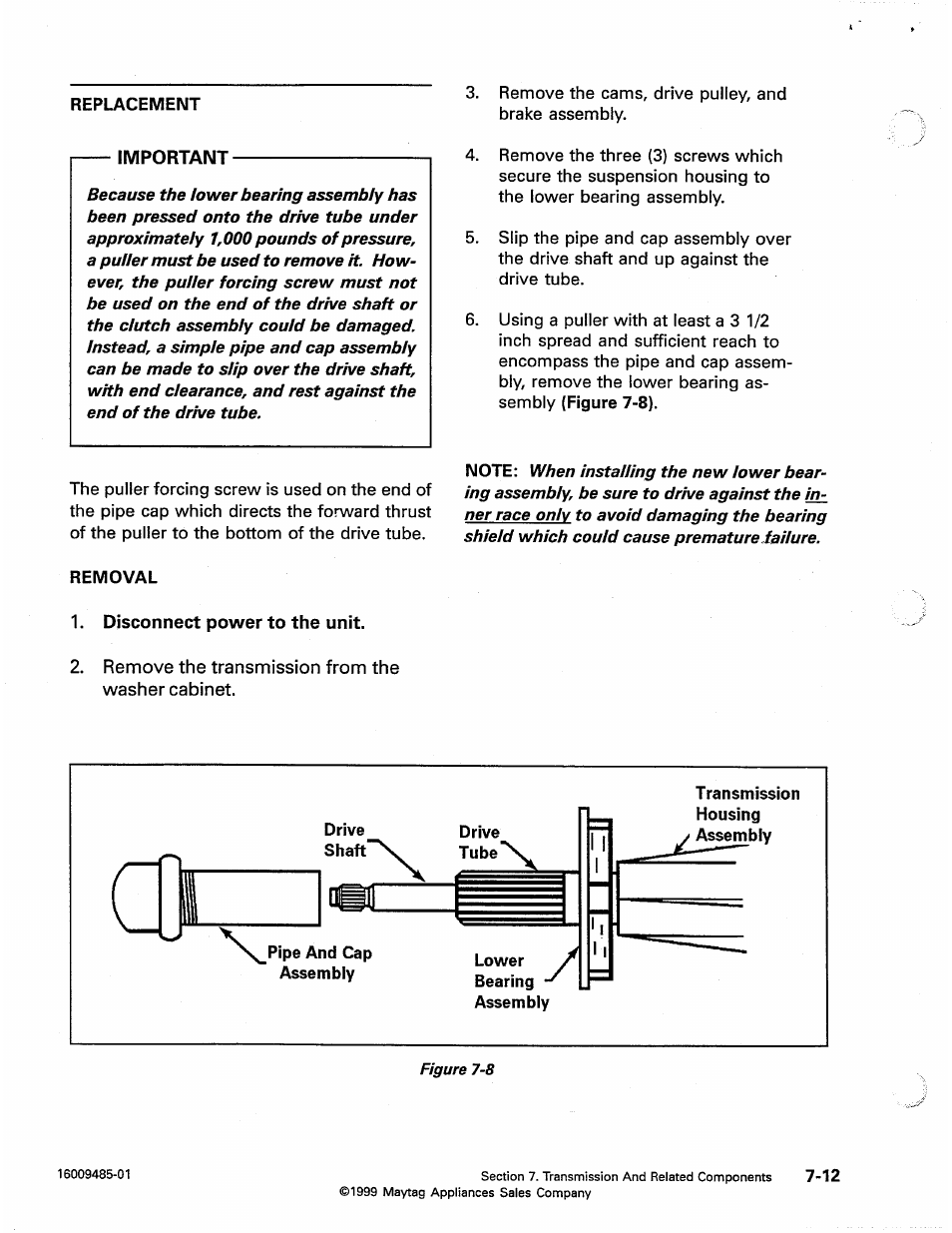 Important, Disconnect power to the unit | Maytag Atlantis User Manual | Page 66 / 120