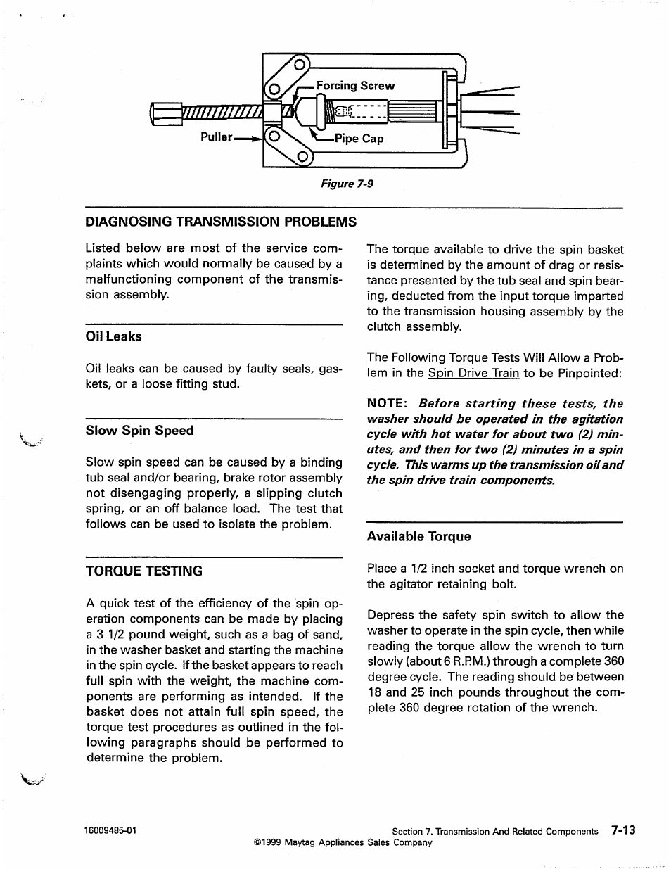 Diagnosing transmission problems, Oil leaks, Slow spin speed | Torque testing, Available torque, Diagnosing transmission problems -12, Torque testing -12 | Maytag Atlantis User Manual | Page 67 / 120