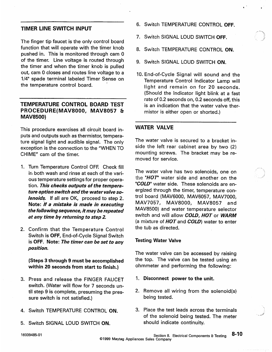 Timer line switch input, Water valve, Timer line switch input -8 | Water valve -8 | Maytag Atlantis User Manual | Page 80 / 120