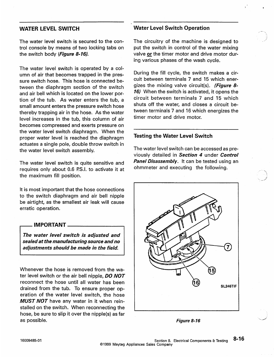 Water level switch, Water level switch operation, Important | Testing the water level switch, Water level switch -14 | Maytag Atlantis User Manual | Page 86 / 120