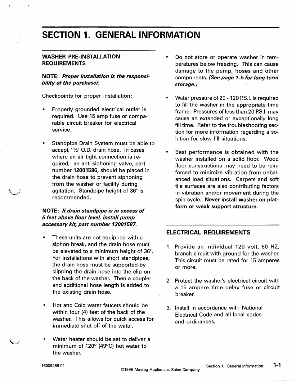 Electrical requirements, Electrical requirements -1 | Maytag Atlantis User Manual | Page 9 / 120