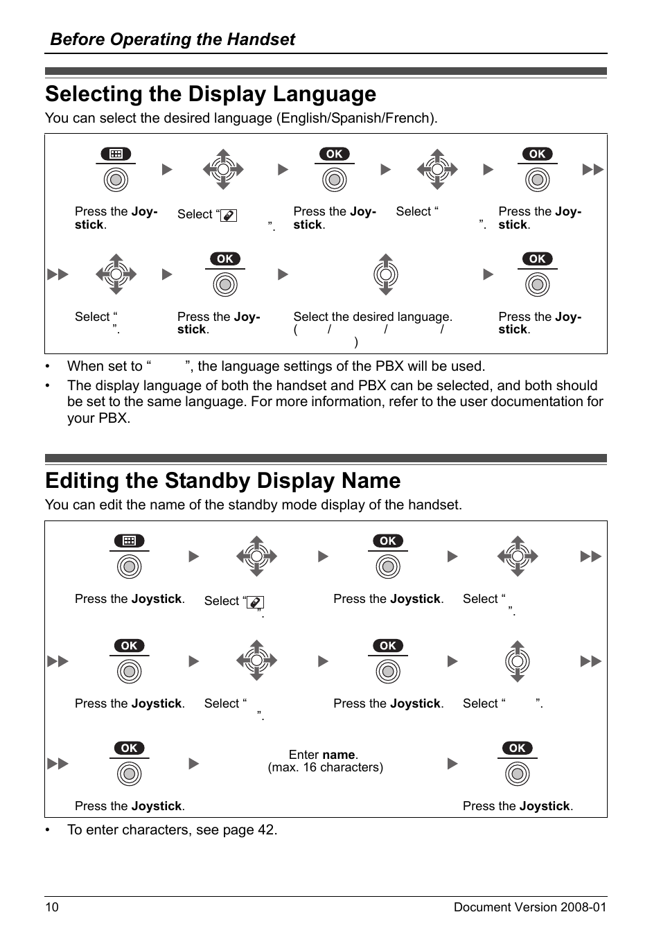 Selecting the display language, Editing the standby display name, Before operating the handset | Panasonic 6.0 plus User Manual | Page 10 / 68
