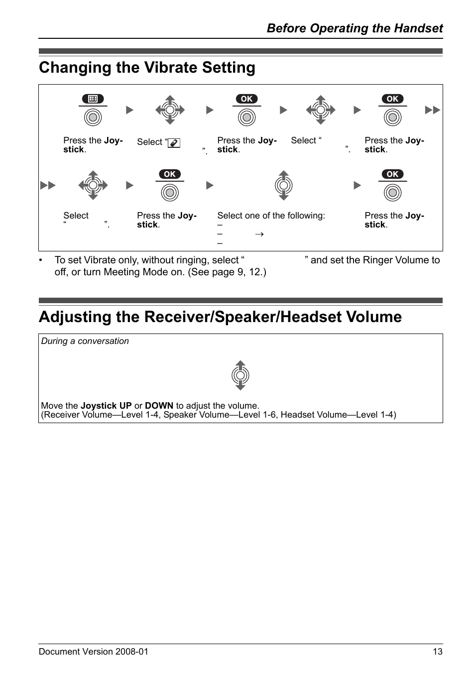 Changing the vibrate setting, Adjusting the receiver/speaker/headset volume, Before operating the handset | Panasonic 6.0 plus User Manual | Page 13 / 68