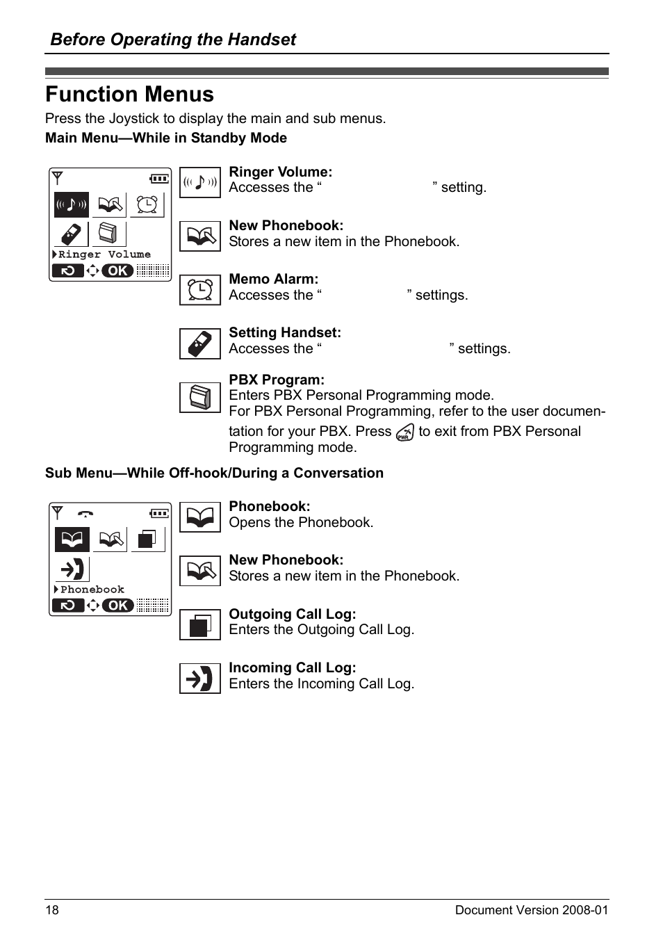 Function menus, Before operating the handset | Panasonic 6.0 plus User Manual | Page 18 / 68