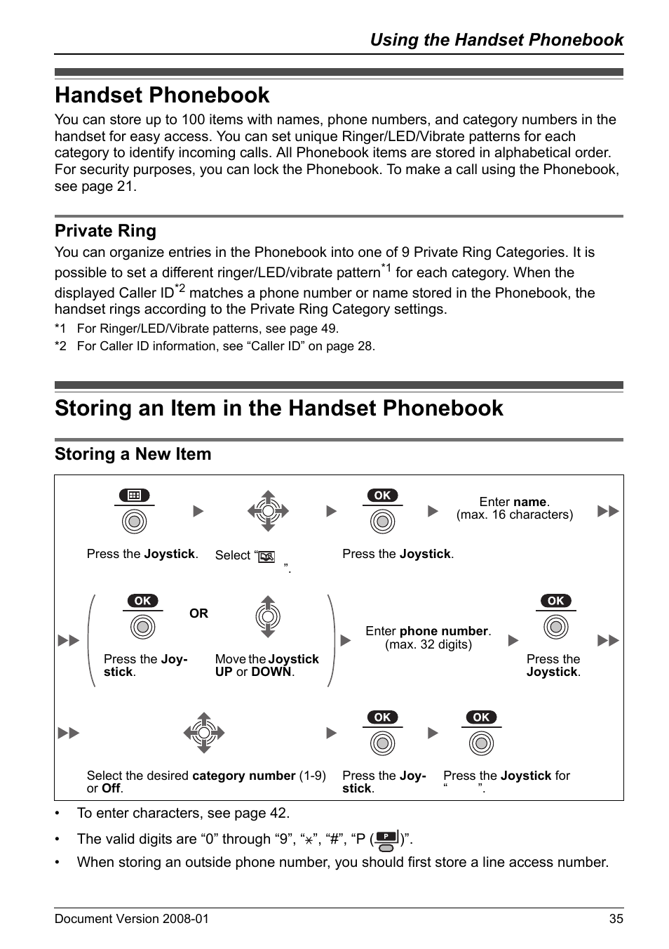 Using the handset phonebook, Handset phonebook, Private ring | Storing an item in the handset phonebook, Storing a new item, Ge 35 | Panasonic 6.0 plus User Manual | Page 35 / 68